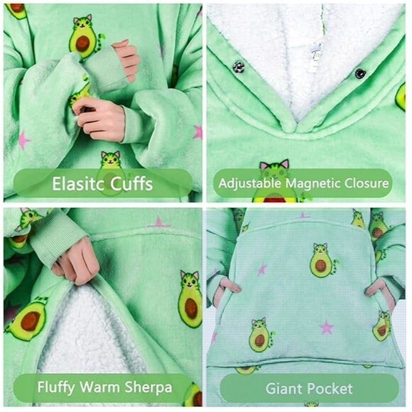 Tirrinia Wearable Blanket Snuggie Oversized Hoodie Avocado cat Blanket adult - Picture 3 of 11